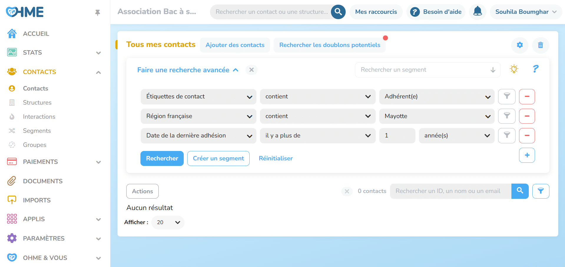 capture d'écran d'une recherche avancée de contacts sur OHME