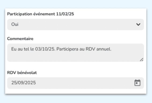 L’historique de chaque soutien annoté comme du texte dans de nombreux champs.