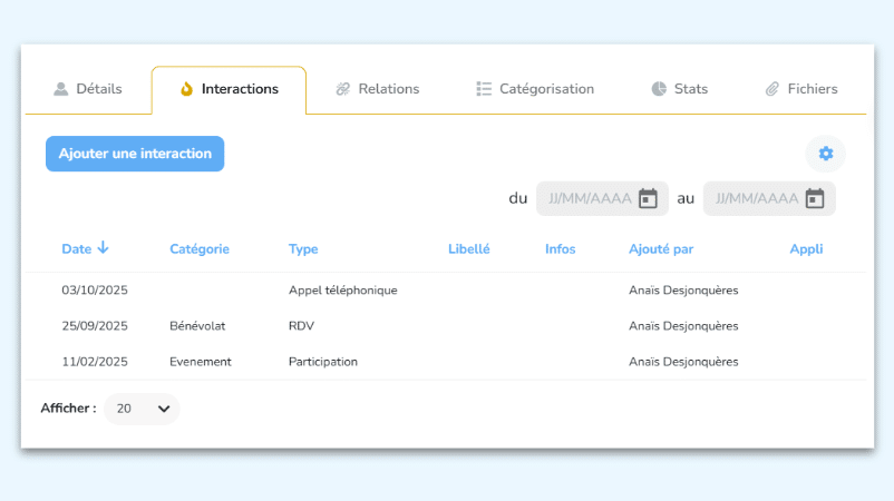 Créez des interactions datées pour un suivi précis de votre relation avec chacun de vos soutiens.